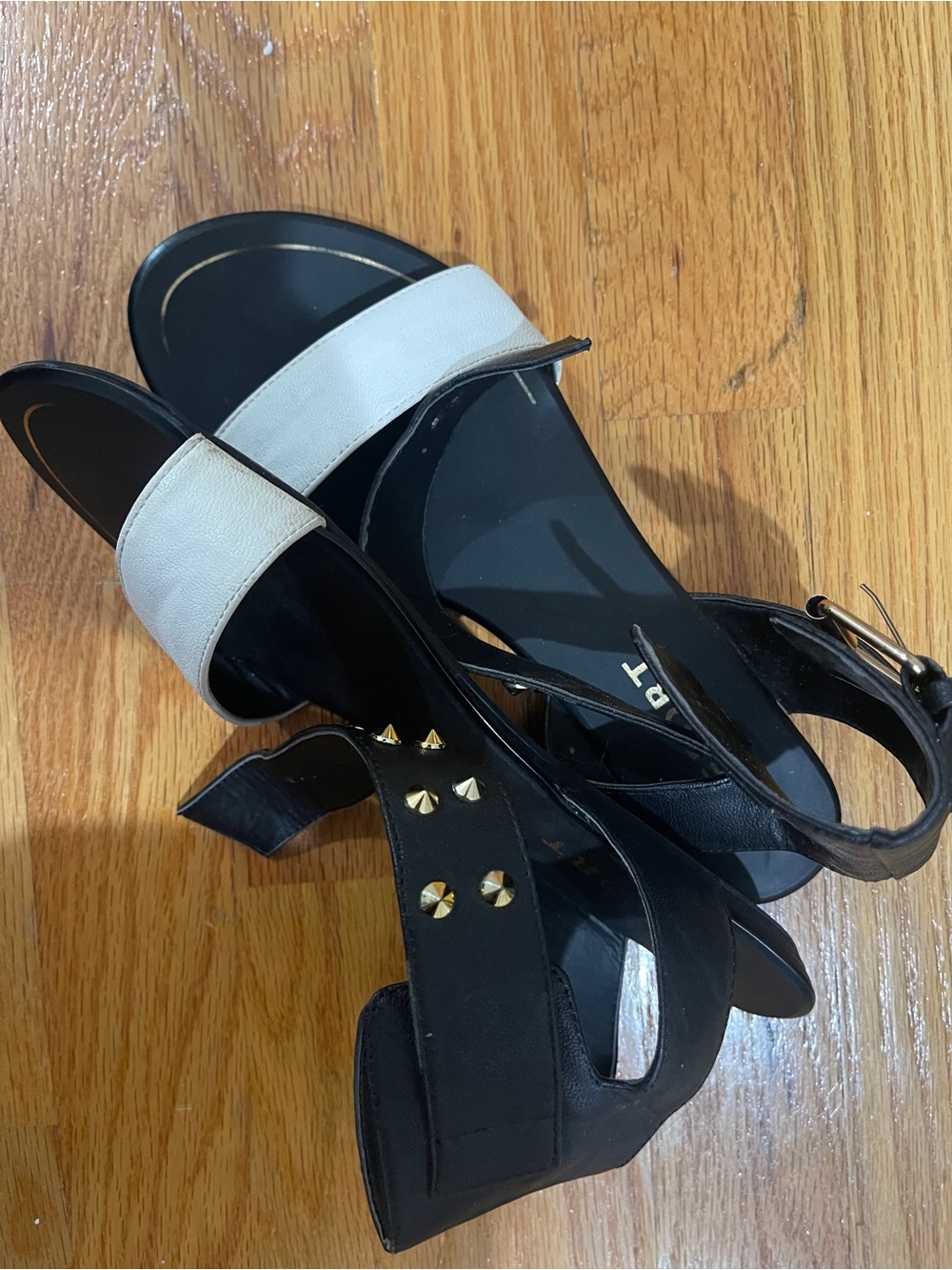 Soda Black and White Studded Ankle-Strap Heels